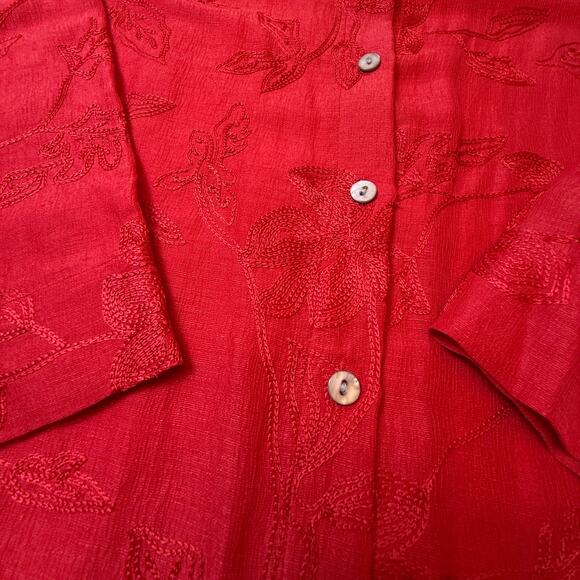 Vintage Chico’s Design Red Linen Silk Blend Floral Embroidered Shirt Size 1 - Picture 9 of 16